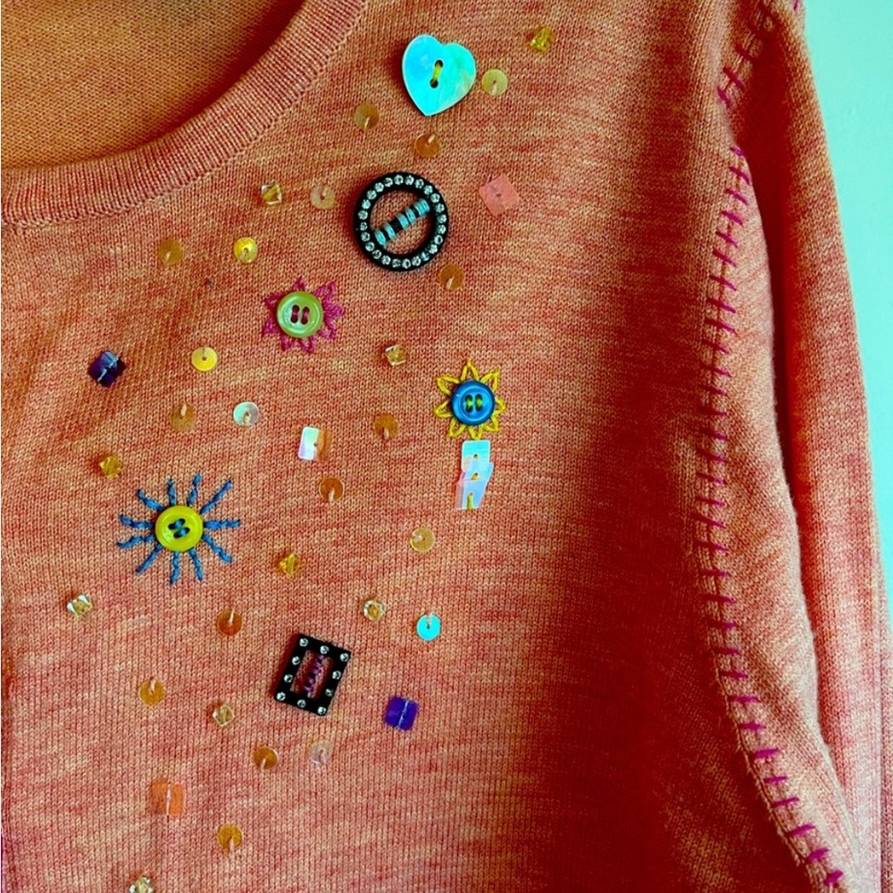 I.E. RELAXED Beaded cardigan women's LG button up long sleeve orange sweater EUC - Picture 4 of 10